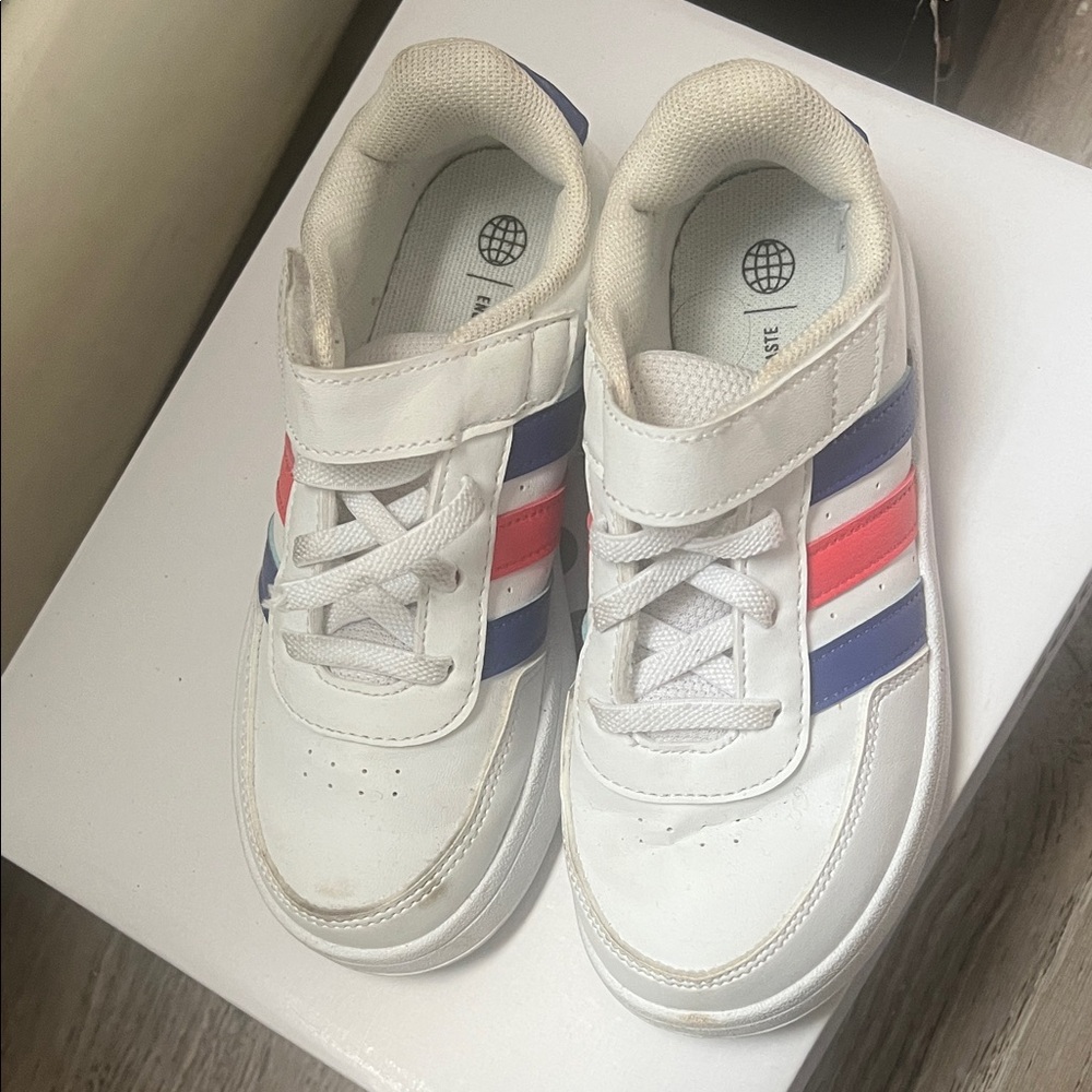 adidas Kids White Sneakers with Pink and Blue Stripes